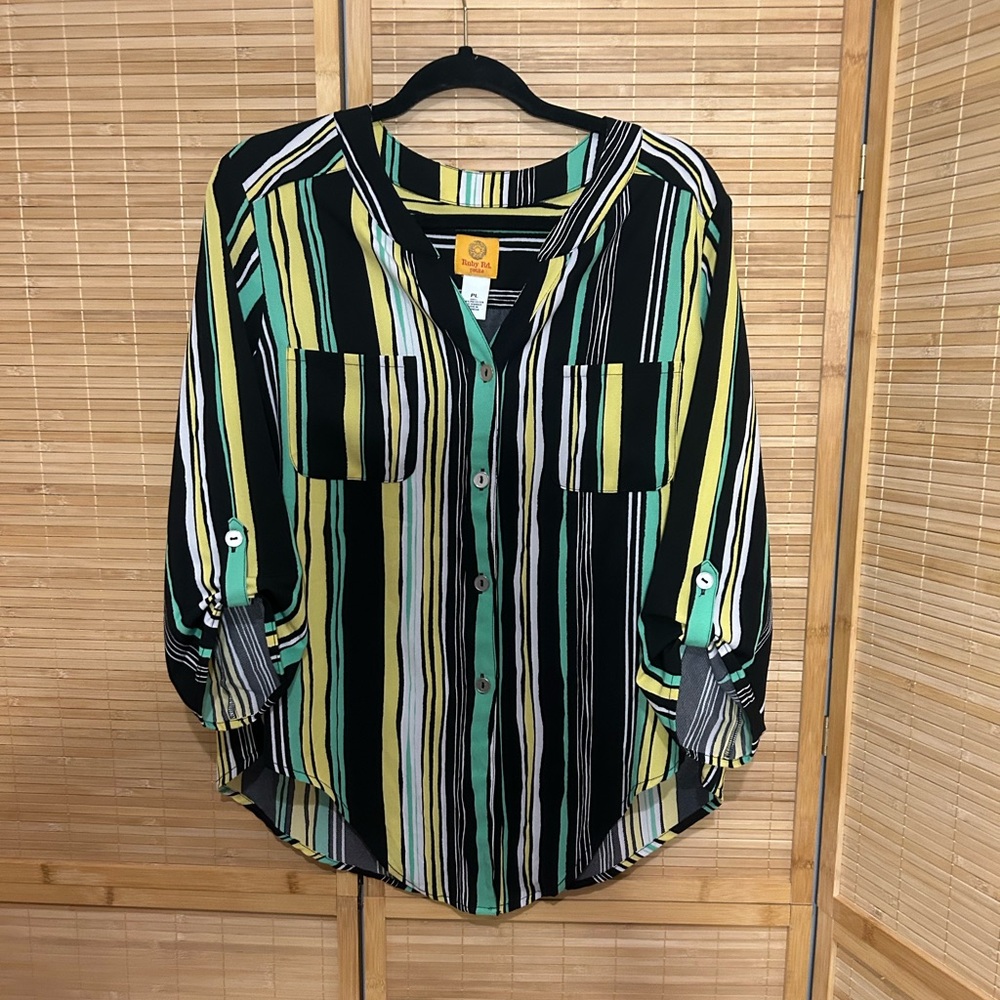 Ruby Rd green black stripe  button-up shirt roll-tab sleeves blouse shirt PL